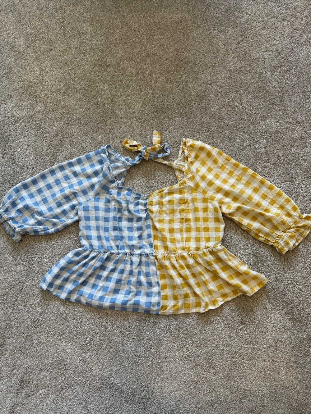 Cato Womens XL Blue Yellow Gingham Peplum Top Tie Back Puff Sleeve Cottagecore